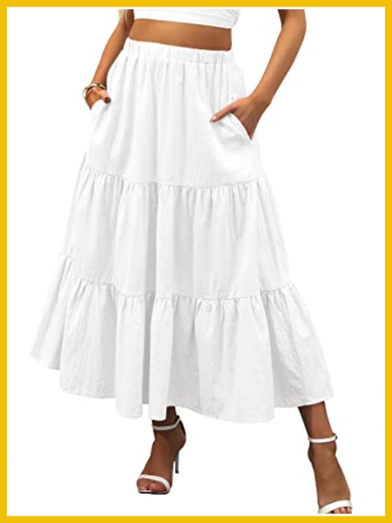 Boho Flowy Swing Tiered A-Line Maxi Skirt Elastic Waist Pleated Long Beach Dress